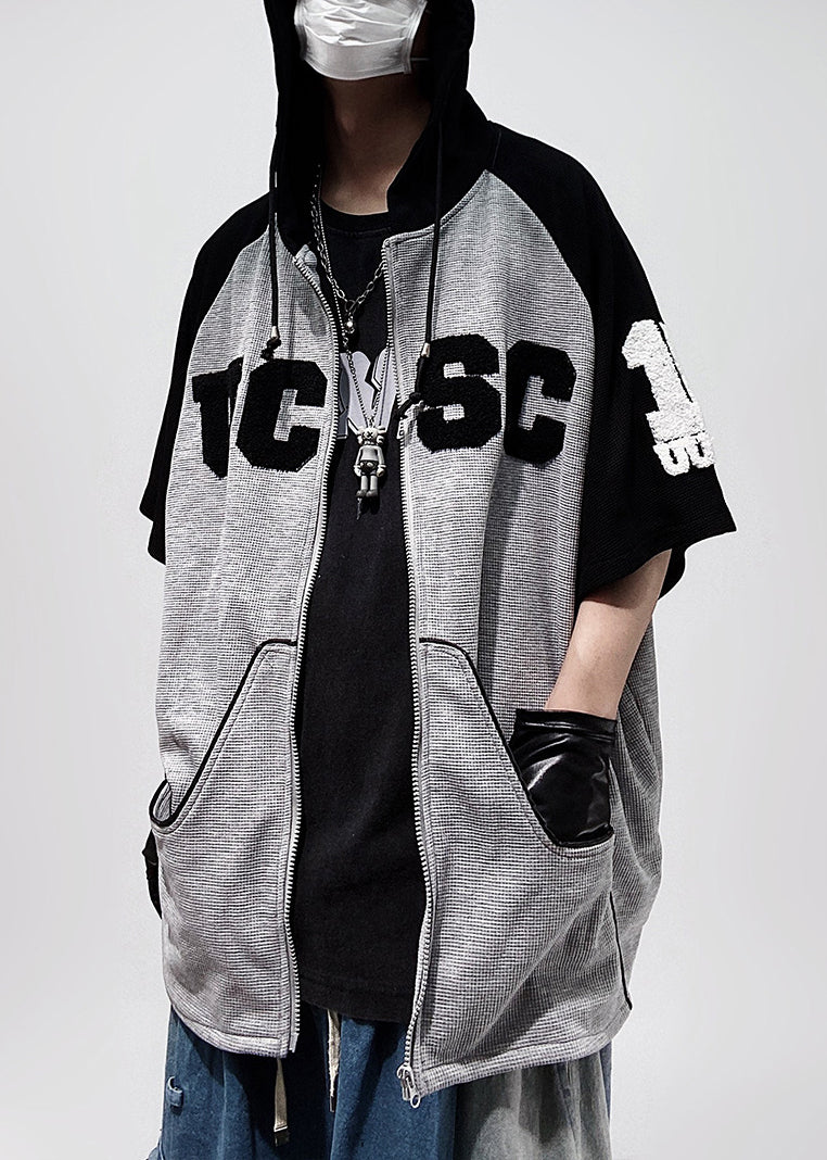 Zippered T Size Sleeve Shirts Hooded Black Half Patchwork Cotton Plus Men