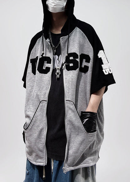 Zippered T Size Sleeve Shirts Hooded Black Half Patchwork Cotton Plus Men