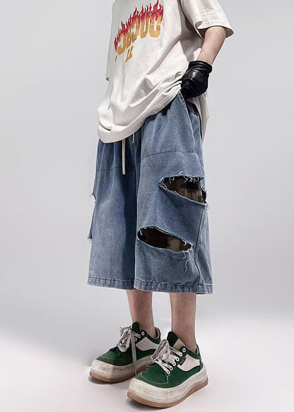 Shorts Hole Size Blue Summer Plus Denim Men Pockets