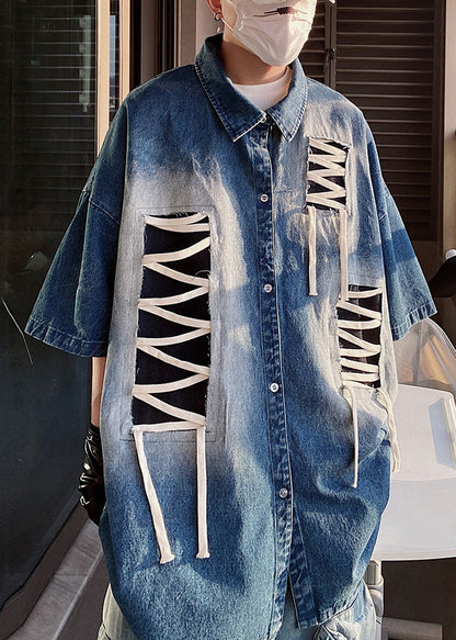 Blue Plus Shirts Men Patchwork Original Half Design Sleeve Size