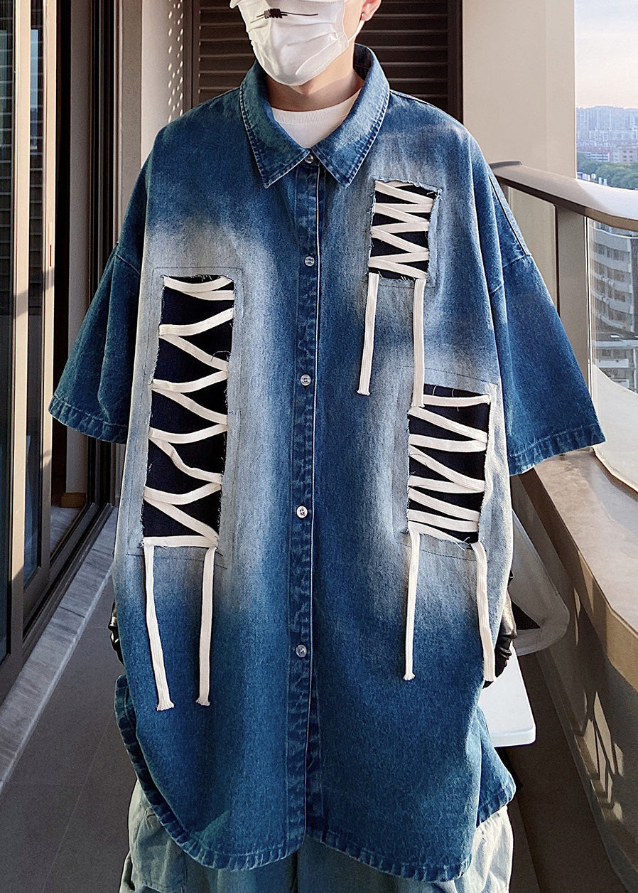 Blue Plus Shirts Men Patchwork Original Half Design Sleeve Size