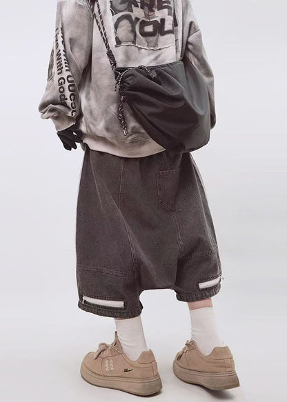 Men Size Summer Shorts Zippered Elastic Dark Striped Gray Waist Plus