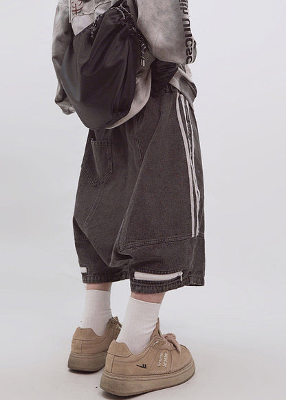 Men Size Summer Shorts Zippered Elastic Dark Striped Gray Waist Plus