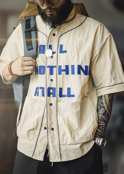 Men Half Sleeve Khaki Pockets Plus Letter Shirts Cotton Size Button