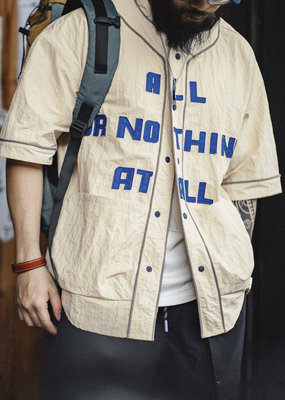 Men Half Sleeve Khaki Pockets Plus Letter Shirts Cotton Size Button