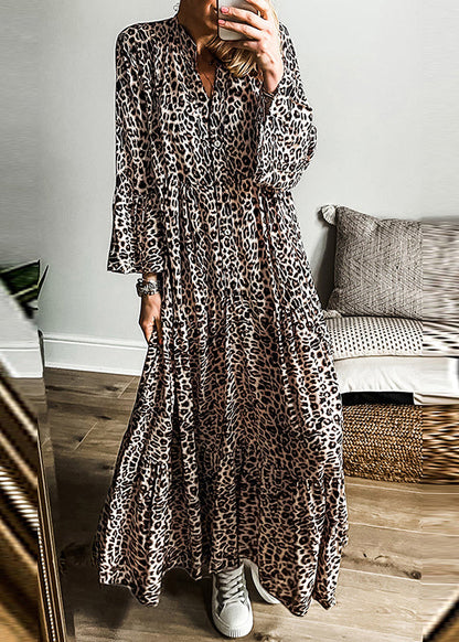 Plus Size Maxi Dress Neck Fall V Patchwork Leopard