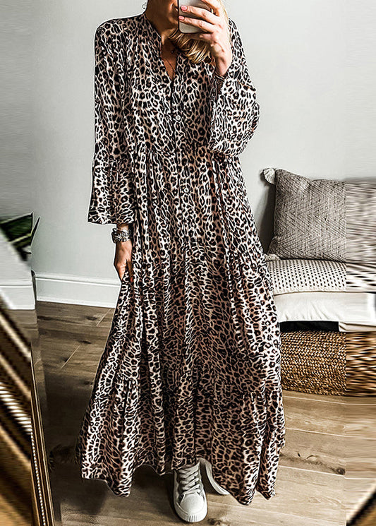 Plus Size Maxi Dress Neck Fall V Patchwork Leopard