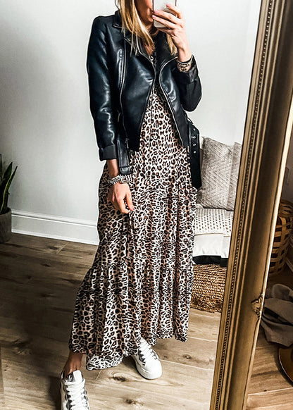 Plus Size Maxi Dress Neck Fall V Patchwork Leopard