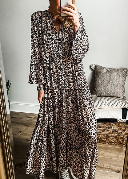 Plus Size Maxi Dress Neck Fall V Patchwork Leopard