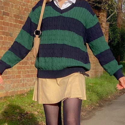 Dark Green Striped Knit Jumper