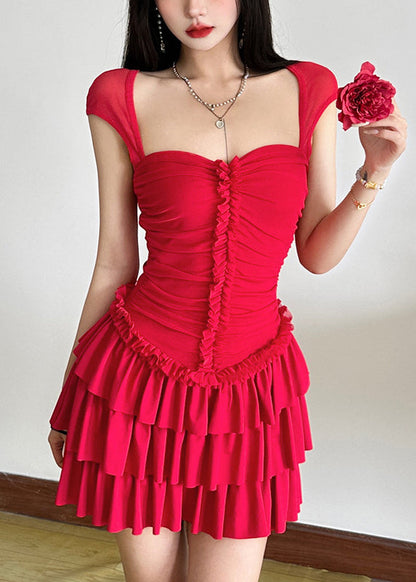 Sleeve Dresses Ruffled Short Mid Red Patchwork