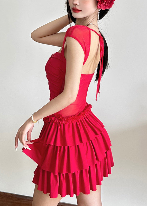 Sleeve Dresses Ruffled Short Mid Red Patchwork