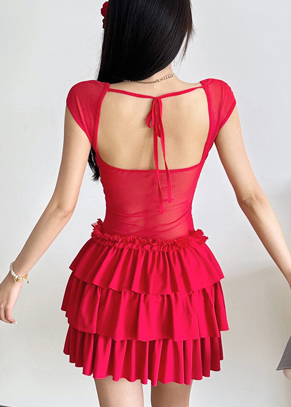 Sleeve Dresses Ruffled Short Mid Red Patchwork