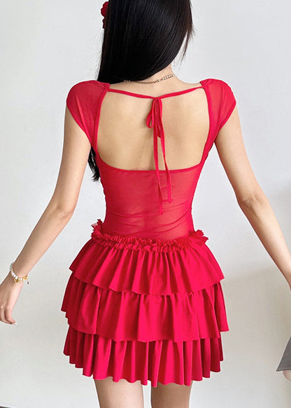 Sleeve Dresses Ruffled Short Mid Red Patchwork