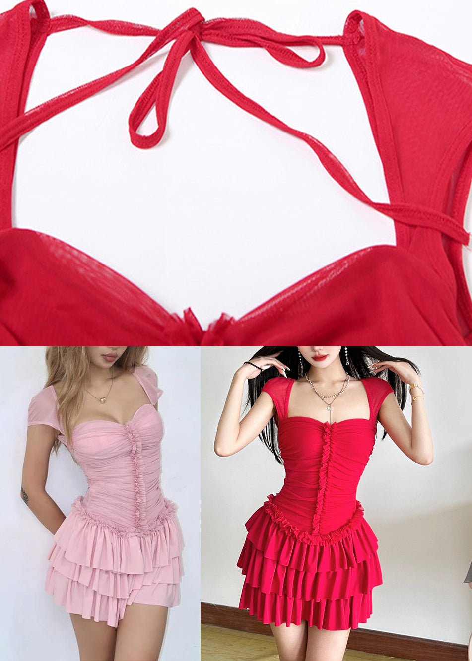 Sleeve Dresses Ruffled Short Mid Red Patchwork