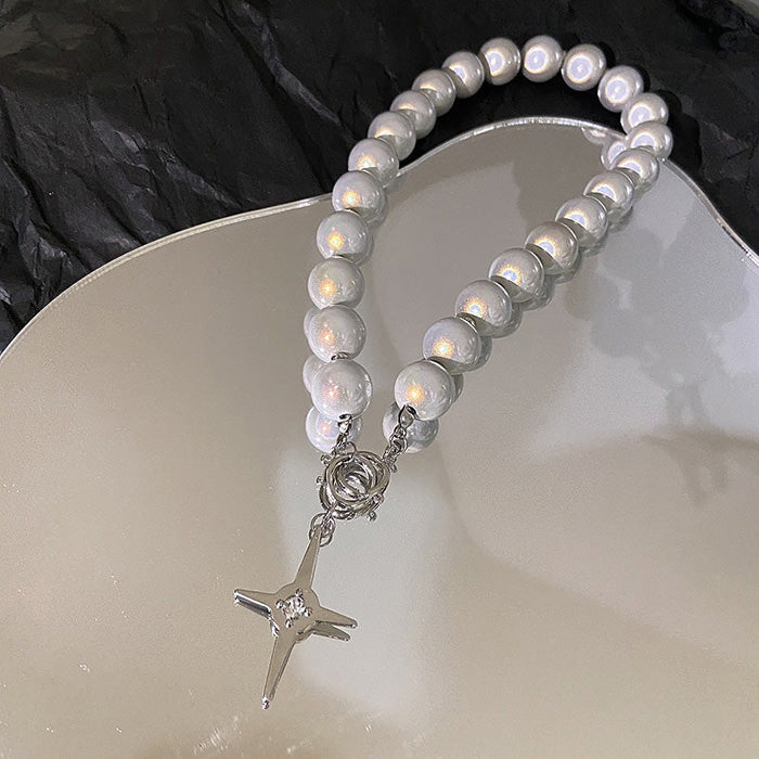 Reflective Pearl Cross Necklace