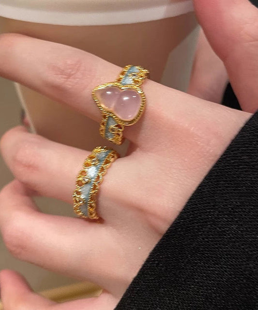 Retro Two-Piece Sterling Lace Rings Gold Silver Open Overgild Set Gourds