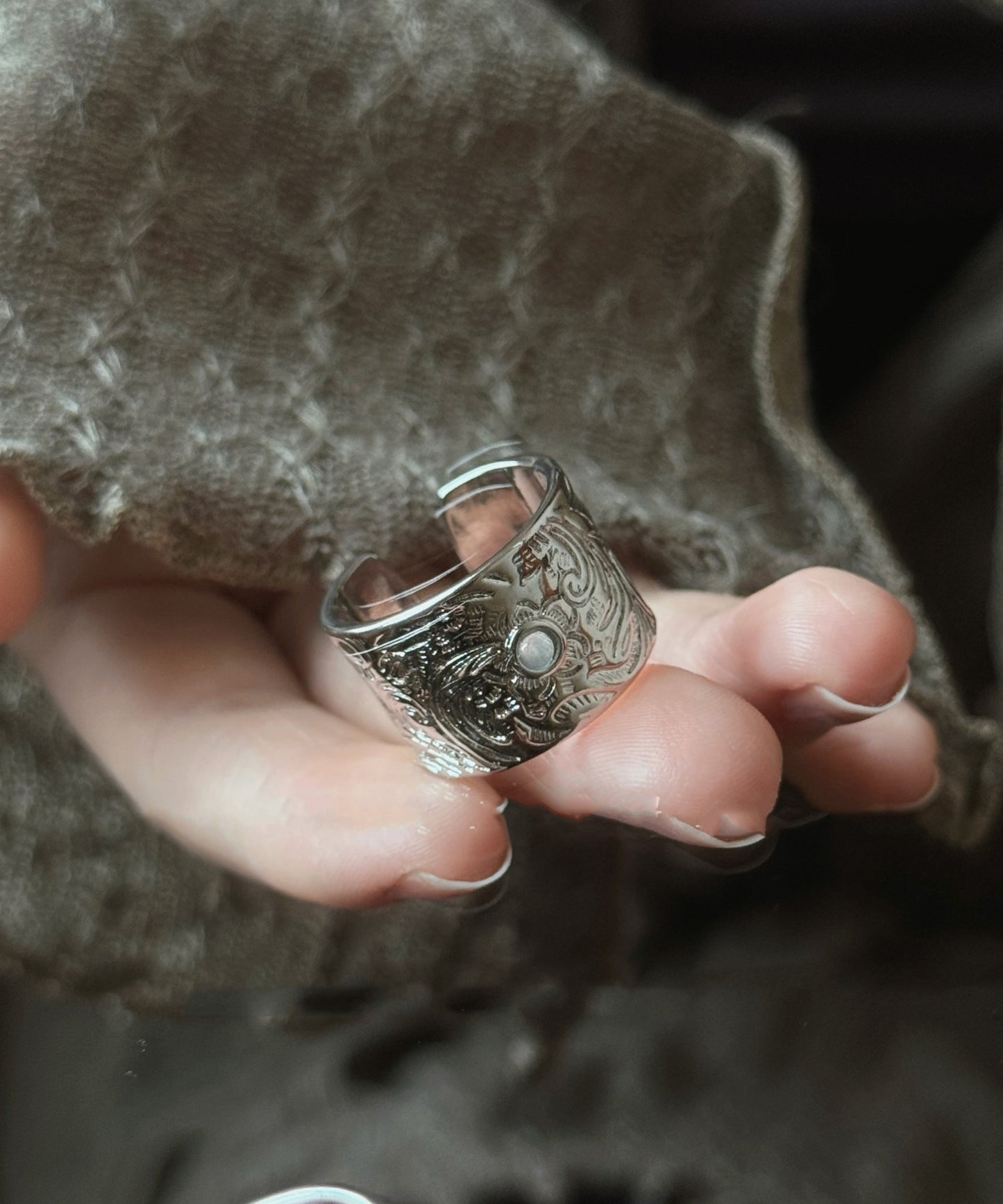 Silver Retro Jade Open Rings Silk Sterling
