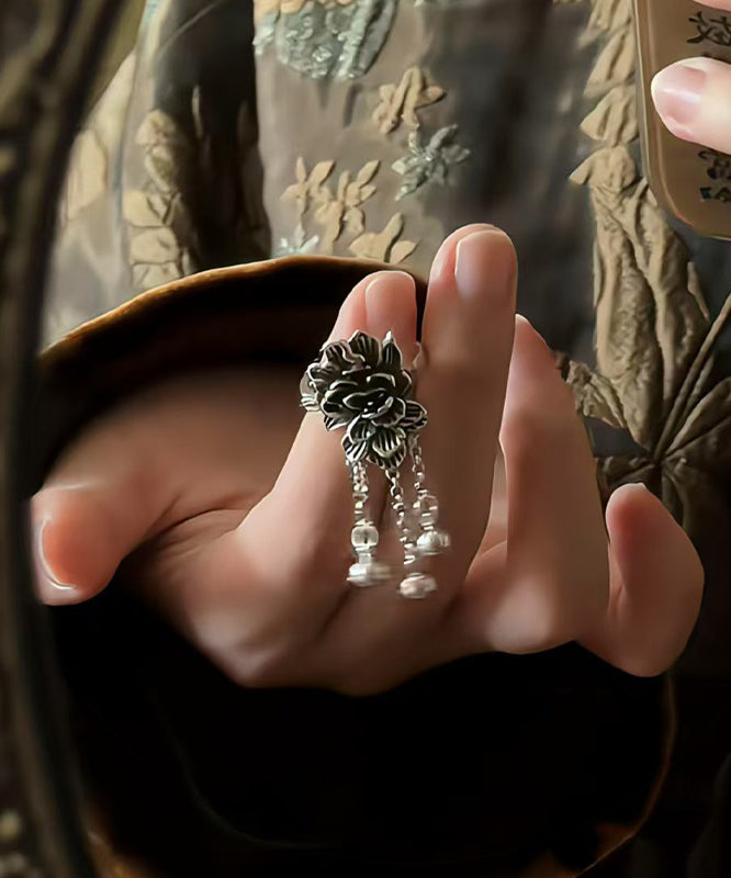 Silver Rings Peony Silk Sterling Retro Tassel