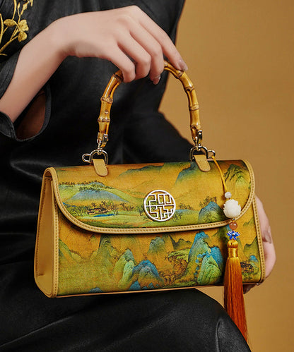 Bag Tassel Tote Print Retro Yellow Decorated Silk