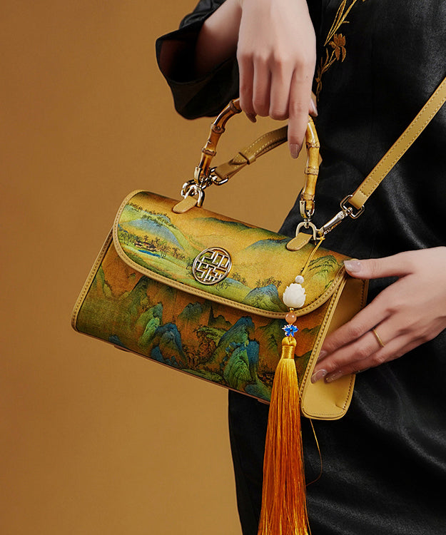 Bag Tassel Tote Print Retro Yellow Decorated Silk