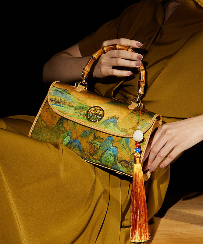 Bag Tassel Tote Print Retro Yellow Decorated Silk