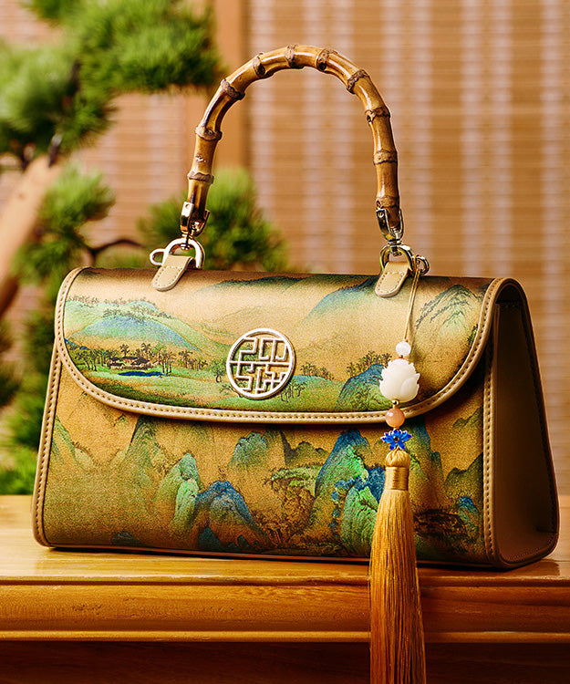 Bag Tassel Tote Print Retro Yellow Decorated Silk