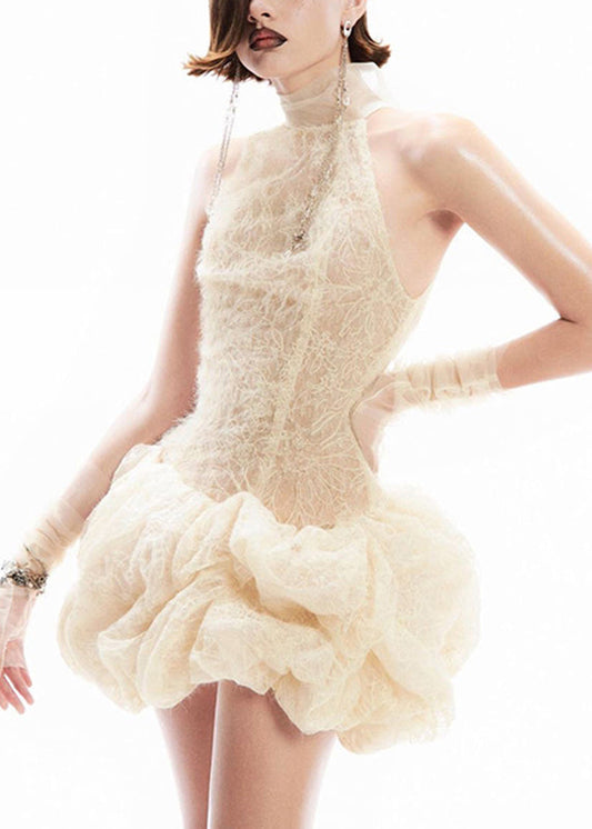Dress Turtleneck Sexy Sleeveless Apricot Mid Patchwork Lace