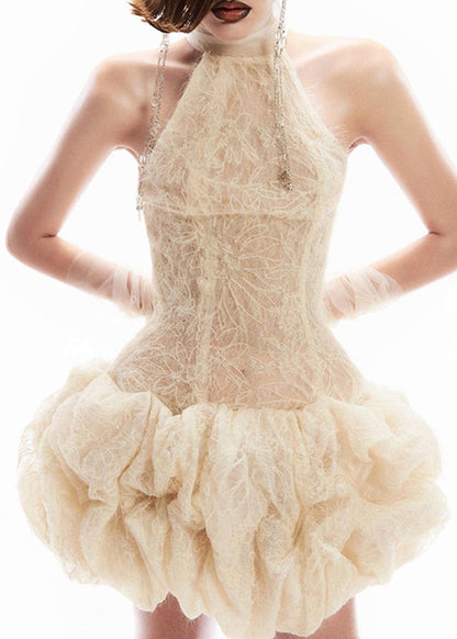 Dress Turtleneck Sexy Sleeveless Apricot Mid Patchwork Lace