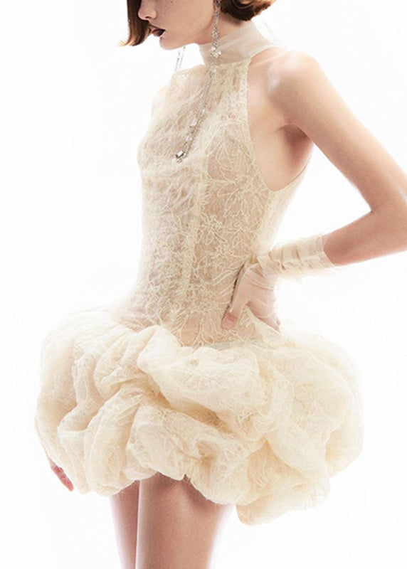 Dress Turtleneck Sexy Sleeveless Apricot Mid Patchwork Lace