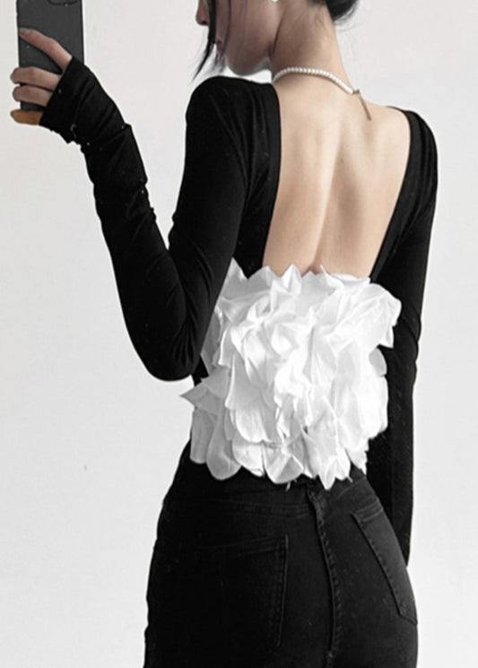 Hollow Backless Black Top Patchwork Out Sexy Fall