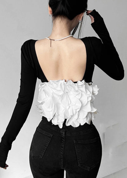 Hollow Backless Black Top Patchwork Out Sexy Fall
