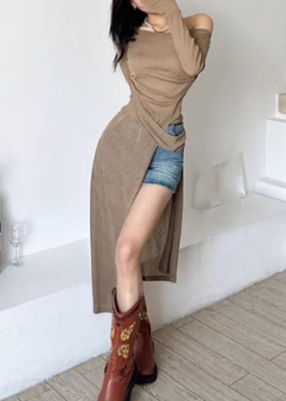 Brown Sexy One Side Open Dresses Maxi Shoulder Asymmetrical Silk