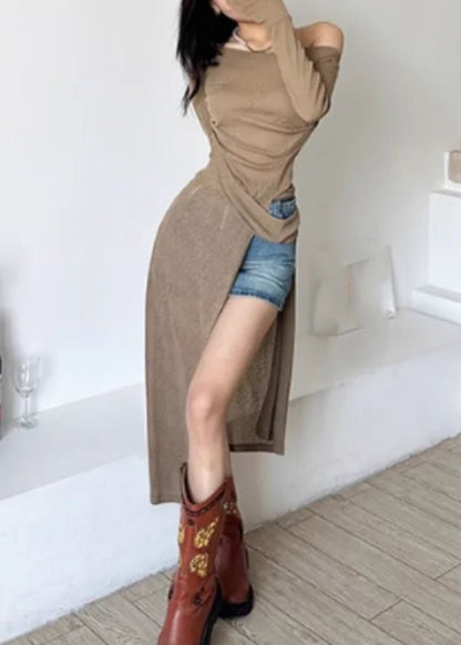Brown Sexy One Side Open Dresses Maxi Shoulder Asymmetrical Silk