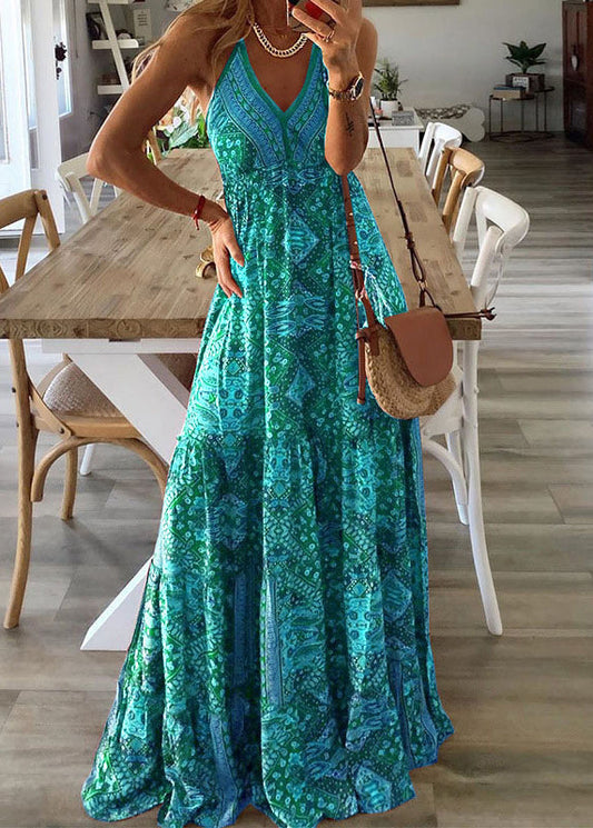 Long V Neck Holiday Sleeveless Sexy Print Dress Spaghetti Green Strap