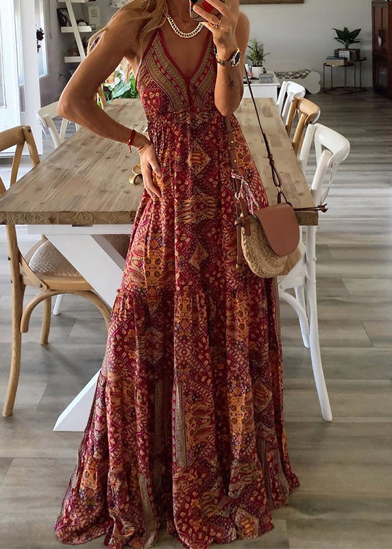 Long V Neck Holiday Sleeveless Sexy Print Dress Spaghetti Green Strap