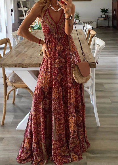 Long V Neck Holiday Sleeveless Sexy Print Dress Spaghetti Green Strap