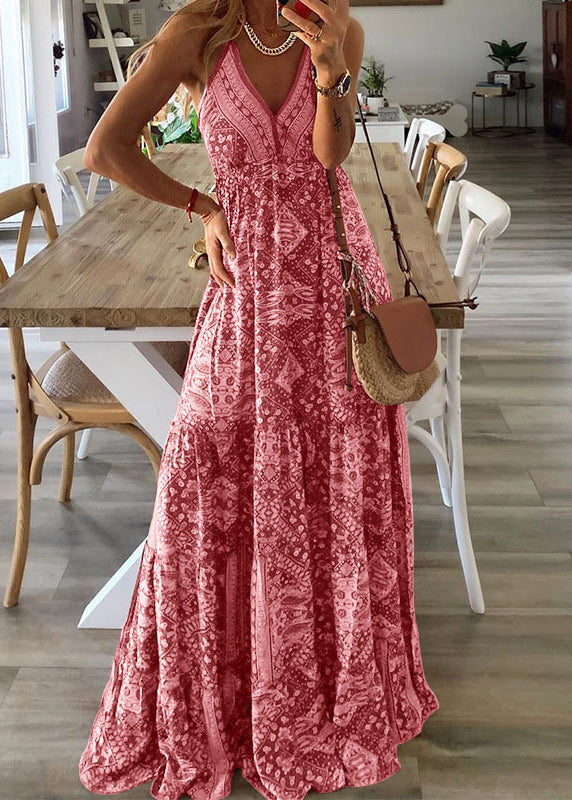 Long V Neck Holiday Sleeveless Sexy Print Dress Spaghetti Green Strap