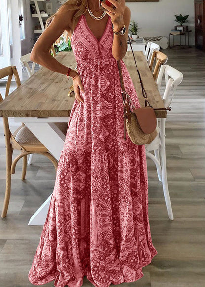 Long V Neck Holiday Sleeveless Sexy Print Dress Spaghetti Green Strap
