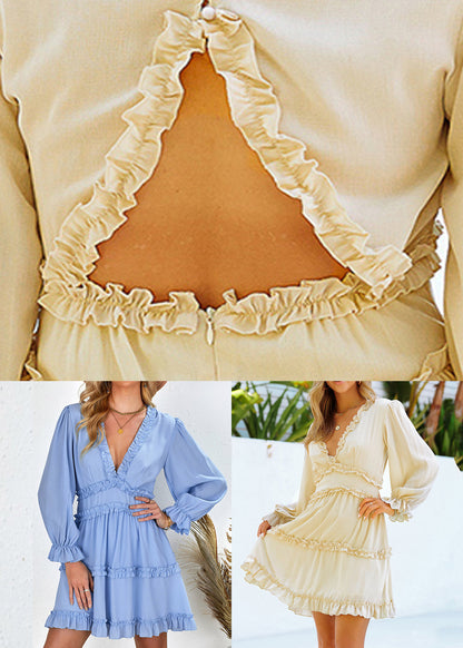 Light Lantern Ruffled Dress Sleeve Patchwork Sexy Mid Blue