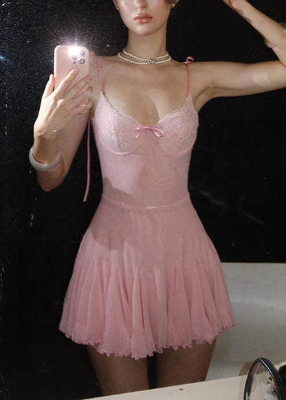 Patchwork Strap Mid Tulle Sexy Sleeveless Pink Dress Spaghetti
