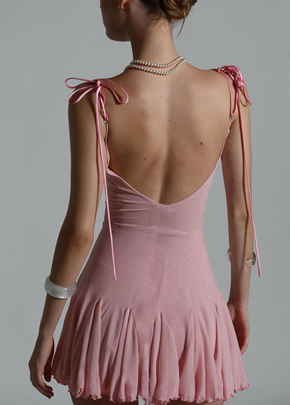 Patchwork Strap Mid Tulle Sexy Sleeveless Pink Dress Spaghetti