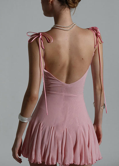 Patchwork Strap Mid Tulle Sexy Sleeveless Pink Dress Spaghetti