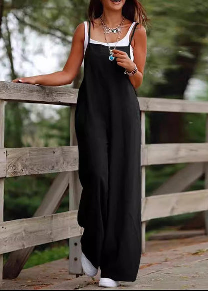 Simple Wide Leg Patchwork Jumpsuit Neck Summer Slash Black