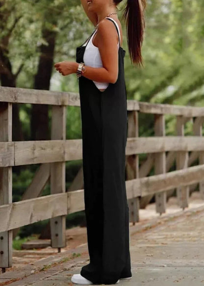 Simple Wide Leg Patchwork Jumpsuit Neck Summer Slash Black