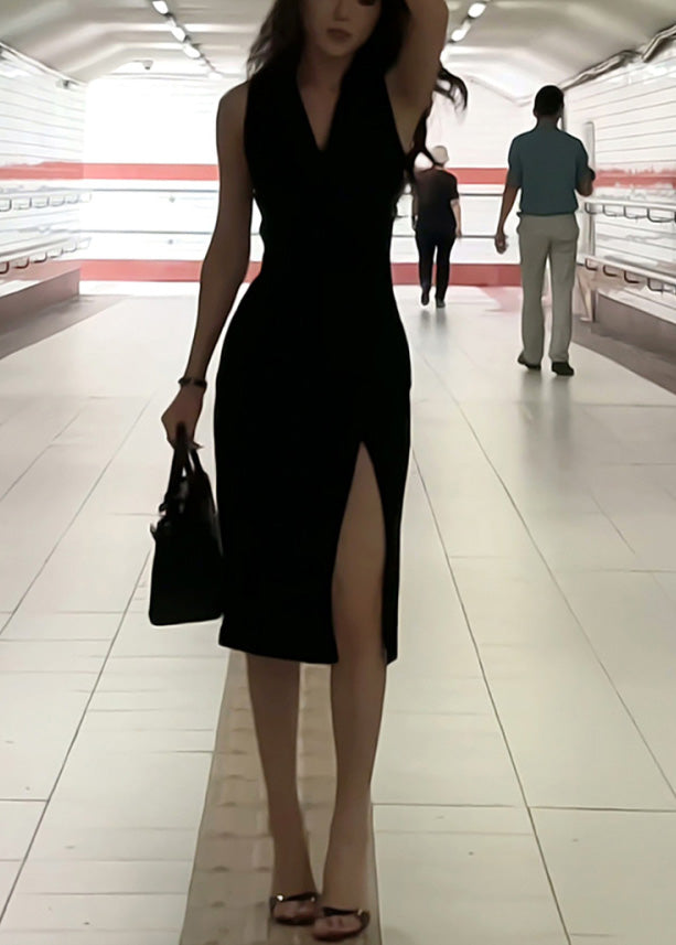 Neck Dresses Fi Open Side V Sleeveless Spaghetti Slim Strap Maxi Black