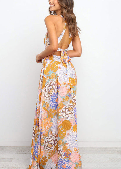 Sleeveless Tunic Dresses Print Colorblock Backless Slim Maxi Fit