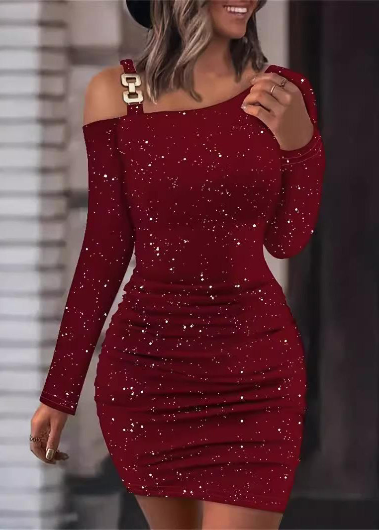 Fall Mid Mulberry Slim Fit Dresses Cold Sequins Shoulder