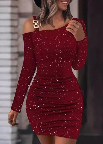 Fall Mid Mulberry Slim Fit Dresses Cold Sequins Shoulder
