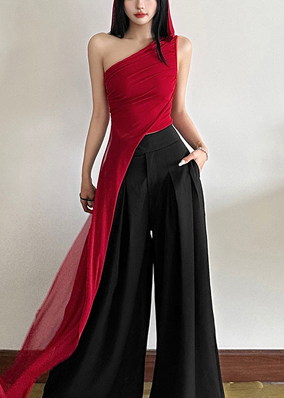Sleeveless One Asymmetrical Shirt Red Shoulder Slim Fit Tulle